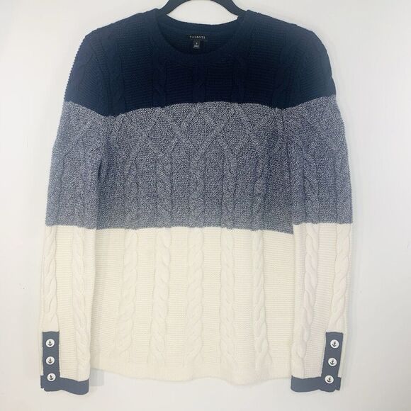 TALBOTS Chunky Cable Knit Sweater Small Colorblock Nautical Anchor Fisherman EUC - Picture 1 of 9